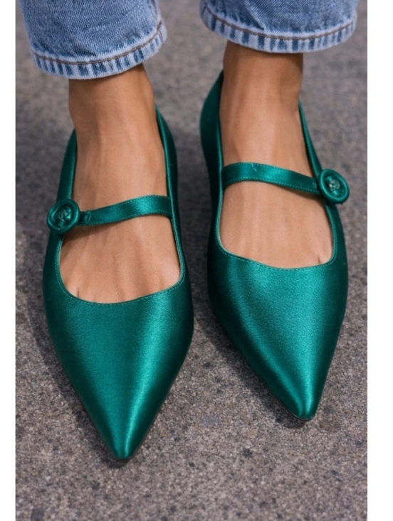 J. Crew Shoes - J. Crew Emerald Satin Pointed Mary Jane Flats; NWOT
